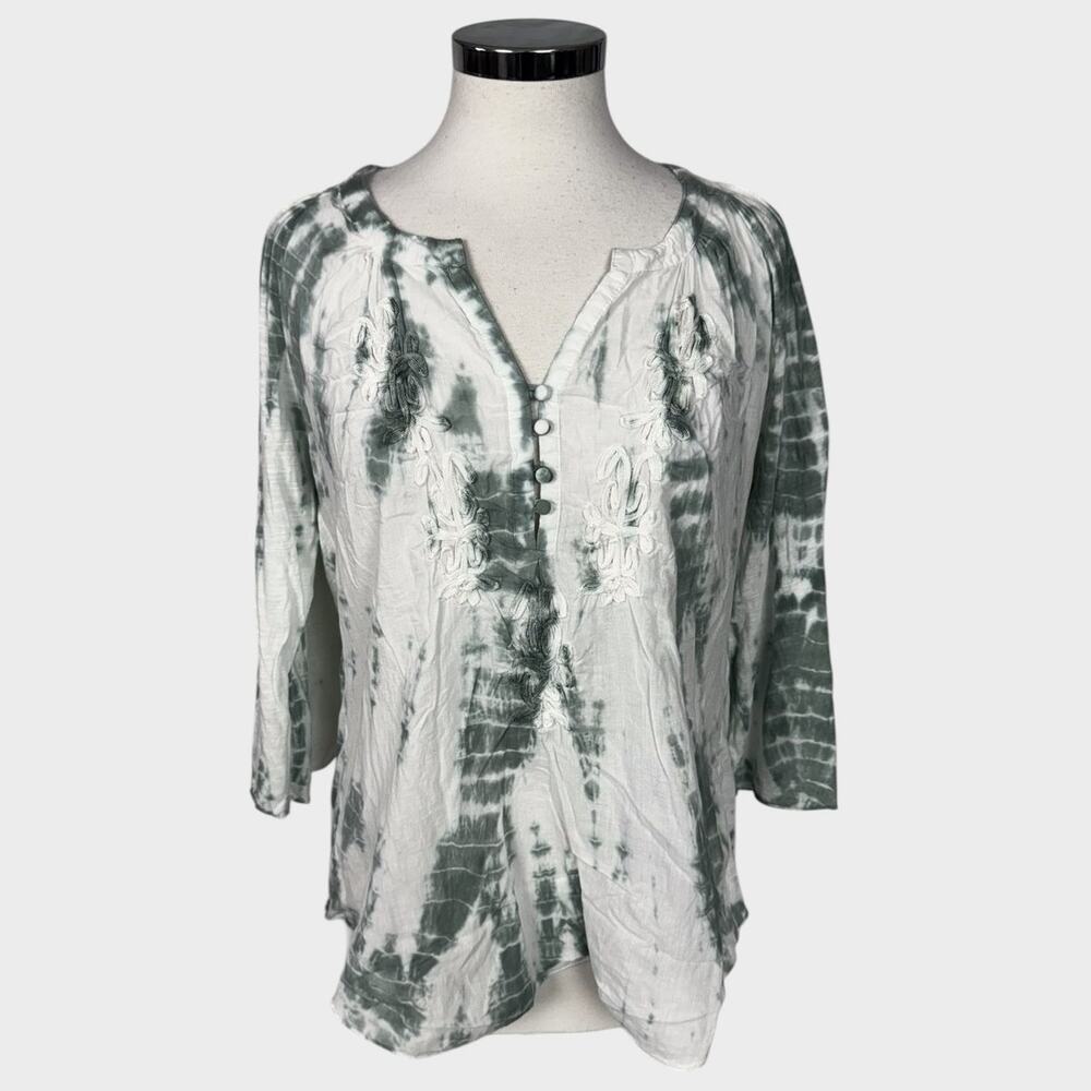 Vintage America Made in India Medium 3/4 Sleeve White Gray Tie Dye Top